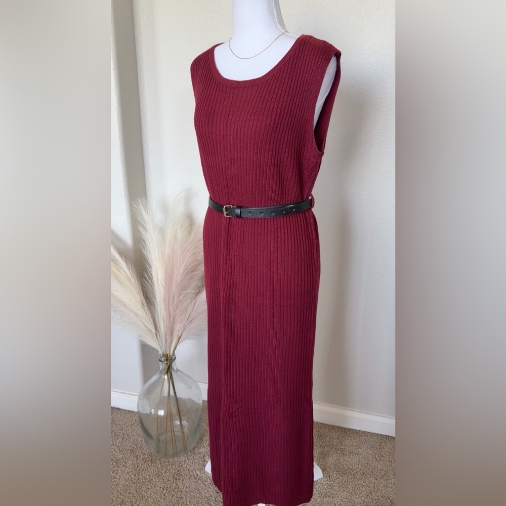 Elegant Sophisticated Sleeveless Knit Burgundy Midi Dress